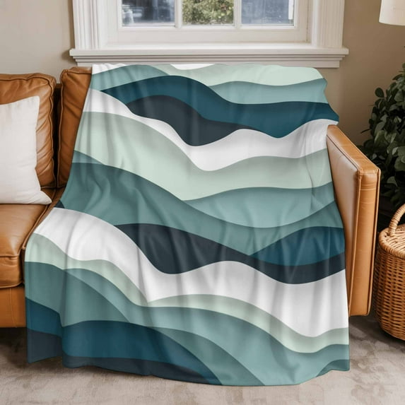 Throw Blanket for Couch Ocean Green Soft Fleece Flannel Blankets Cozy Lightweight Blanket for Home Sofa Living Room Abstract Waves Ombre Bed Throws 30" x 40"