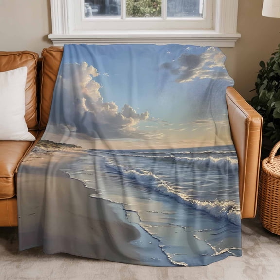 Throw Blanket for Couch Ocean Waves Soft Fleece Flannel Blankets Cozy Lightweight Blanket for Home Sofa Living Room Blue SKy Cloud Beach Bed Throws 60" x 80"