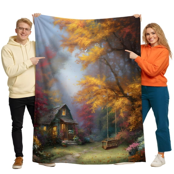 Throw Blanket for Couch, Pastoral Autumn Forest Cabin Soft Cozy Warm Flannel Blanket 30x40in, Fall Maple Leaf Swing Lightweight Fleece Throw Blankets for Sofa Bedroom Office All Season Use
