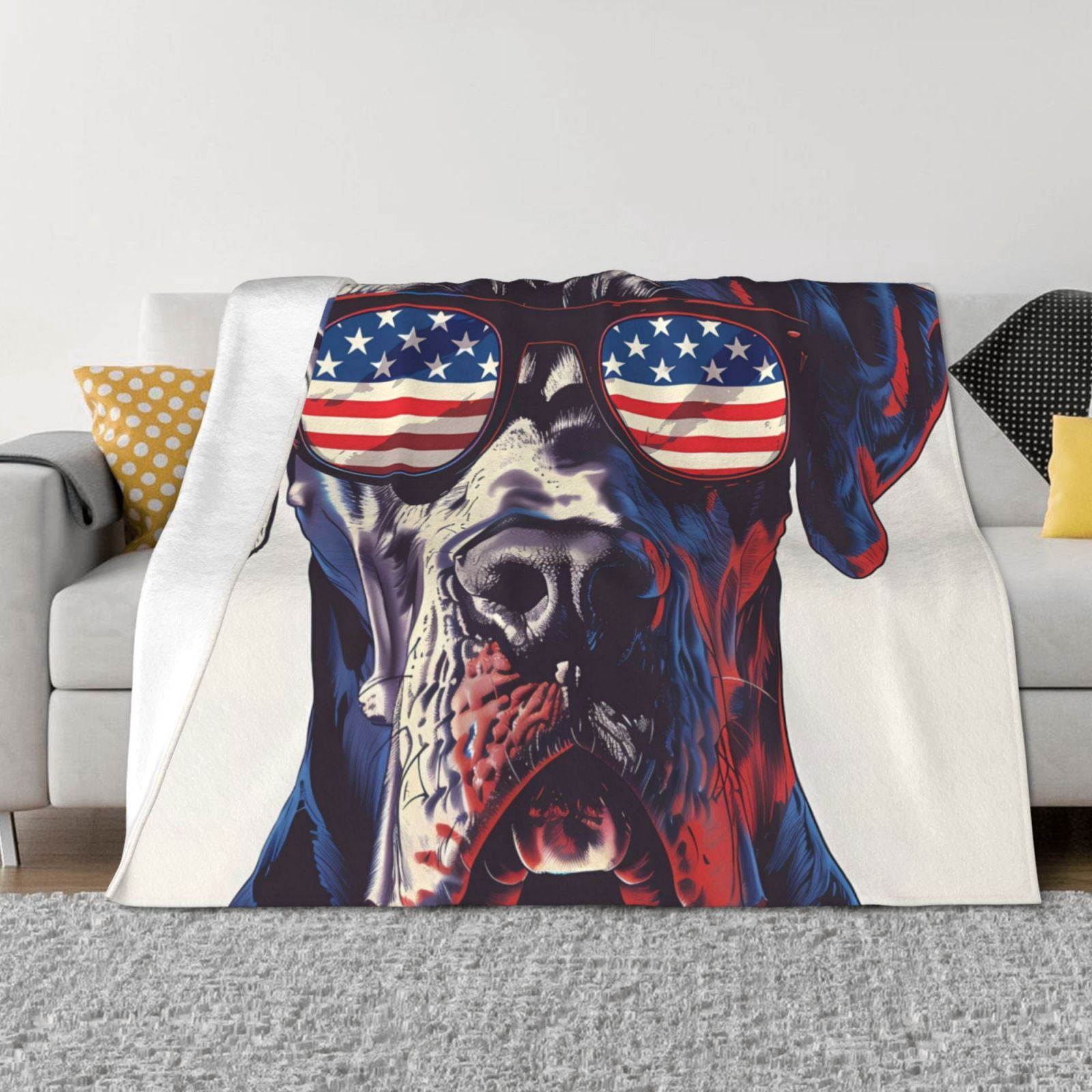 Throw Blanket for Couch - Patriotic Dog American Flag Soft Comfy Lightweight Cozy Warm Throw Blanket, Fuzzy Plush Flannel Blanket & Throws for Sofa and Bed All Season