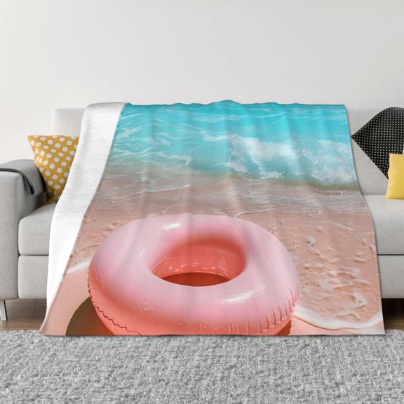 Throw Blanket for Couch - Pink Float Ring On Beach Soft Comfy Lightweight Cozy Warm Throw Blanket, Fuzzy Plush Flannel Blanket & Throws for Sofa and Bed All Season