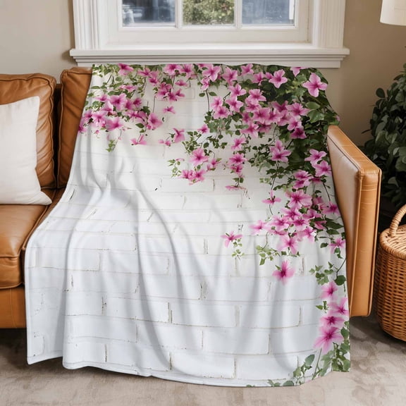 Throw Blanket for Couch Pink Flower Soft Fleece Flannel Blankets Cozy Lightweight Blanket for Home Sofa Living Room Brick Wall Grain Bed Throws 40" x 50"
