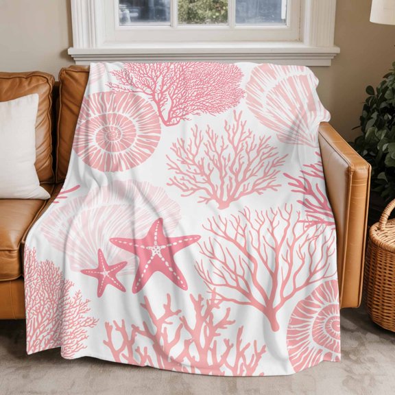 Throw Blanket for Couch Pink Starfish Shell Soft Fleece Flannel Blankets Cozy Lightweight Blanket for Home Sofa Living Room Ocean Coral Bed Throws 40" x 50"