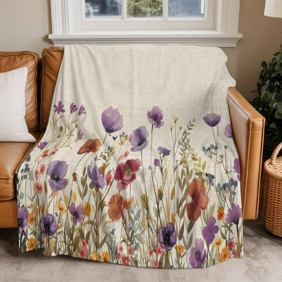 Throw Blanket for Couch Purple Flower Floral Leaves Soft Fleece Flannel Blankets Cozy Lightweight Blanket for Home Sofa Living Room Branch Plant Nature Bed Throws 40" x 50"