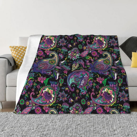 Throw Blanket for Couch - Purple Green Flower Paisley Soft Comfy Lightweight Cozy Warm Throw Blanket, Fuzzy Plush Flannel Blanket & Throws for Sofa and Bed All Season
