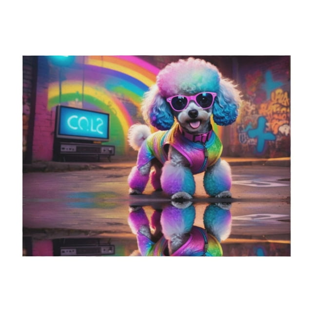 Throw Blanket for Couch - Rainbow Poodle Urban Street Super Soft Fuzzy Comfy Warm Throw Blanket, Cozy Lightweight Funny Plush Flannel Blanket Throws for Sofa and Bed All Season