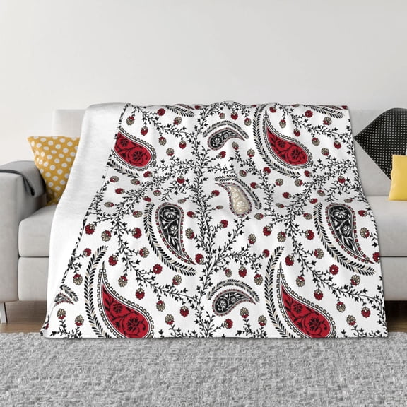 Throw Blanket for Couch - Red Black White Paisley Soft Comfy Lightweight Cozy Warm Throw Blanket, Fuzzy Plush Flannel Blanket & Throws for Sofa and Bed All Season