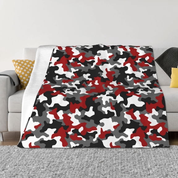 Throw Blanket for Couch - Red Grey White Camouflage Soft Comfy Lightweight Cozy Warm Throw Blanket, Fuzzy Plush Flannel Blanket & Throws for Sofa and Bed All Season
