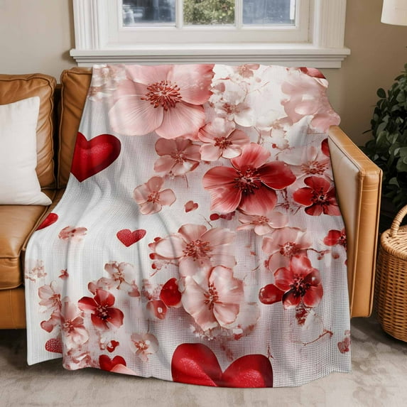 Throw Blanket for Couch Red Love Heart Soft Fleece Flannel Blankets Cozy Lightweight Blanket for Home Sofa Living Room Pink Flower Leaves Bed Throws 40" x 60"