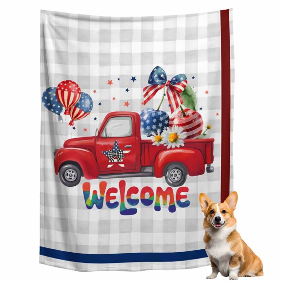 Throw Blanket for Couch, Red Truck USA Flag Cherries Soft Fleece Blanket 40x50in, Cozy Warm Flannel Throw Blankets All Season Use, Welcome Words on Plaid Lightweight Blankets for Sofa Bed