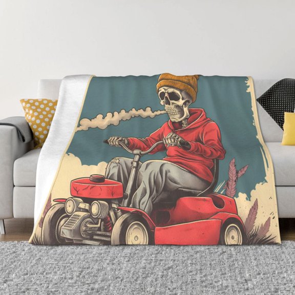 Throw Blanket for Couch - Skull Mowing Lawn Graphic Soft Comfy Lightweight Cozy Warm Throw Blanket, Fuzzy Plush Flannel Blanket & Throws for Sofa and Bed All Season