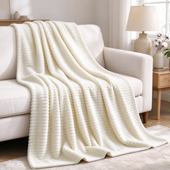 Throw Blanket for Couch Sofa, 230GSM Super Soft Striped Throws for Office Picnic Travel Bedroom, Warm Cozy Lightweight Home Decor Blanket for All-Season, 50x60in, Beige