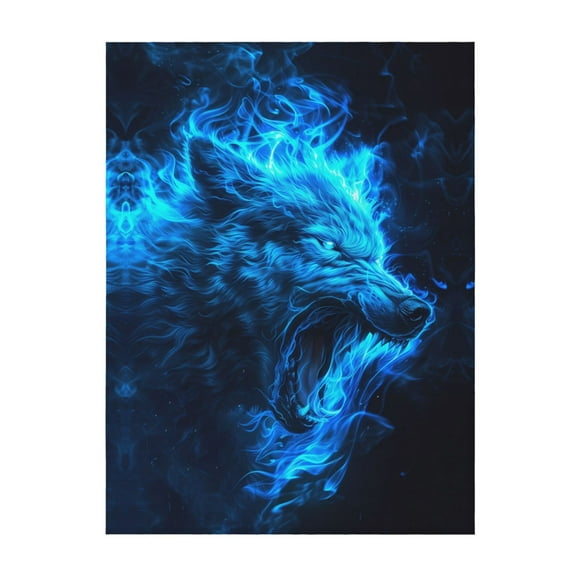 Throw Blanket for Couch Sofa and Bed, Blue Fire Wolf Super Soft Plush Throw Blanket, Fuzzy Cuteness Comfy Warm Washable Flannel Blanket & Throws for All Season