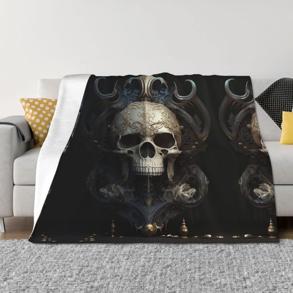Throw Blanket for Couch Sofa and Bed, Gold Pattern Skull Soft Plush Throw Blanket, Fuzzy Cuteness Comfy Warm Washable Flannel Blanket Throws for All Season