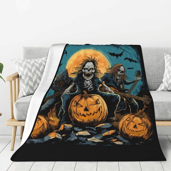 Throw Blanket for Couch Sofa and Bed, Halloween Pumpkin Rock Skeleton Super Soft Plush Throw Blanket, Fuzzy Cuteness Comfy Warm Washable Flannel Blanket & Throws for All Season 40"x30"