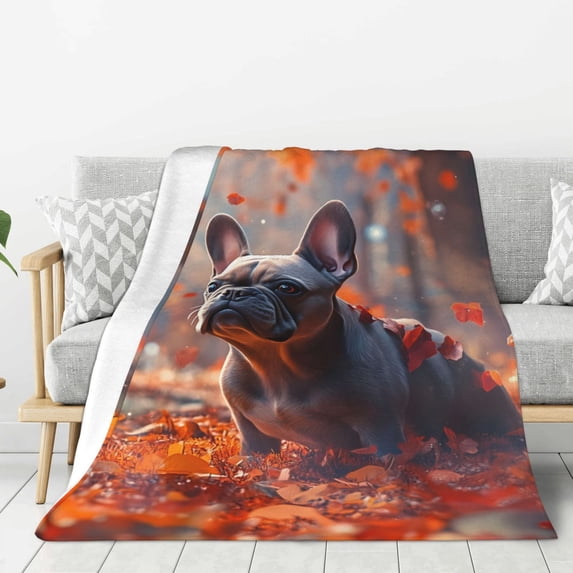 Throw Blanket for Couch Sofa and Bed, Maple Leaf Mushroom French Bulldog Super Soft Plush Throw Blanket, Fuzzy Cuteness Comfy Warm Washable Flannel Blanket & Throws for All Season 60"x50"