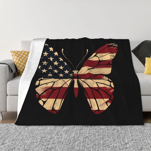 Throw Blanket for Couch Sofa and Bed, Patriotic USA Butterfly Art Soft Plush Throw Blanket, Fuzzy Cuteness Comfy Warm Washable Flannel Blanket Throws for All Season