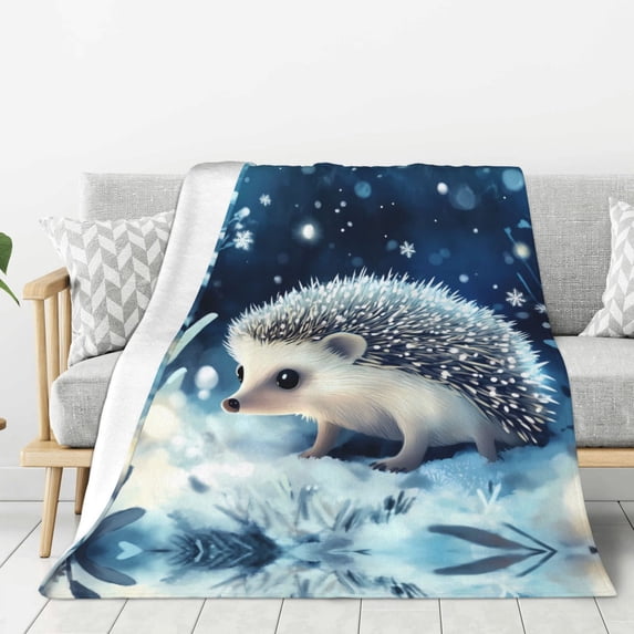 Throw Blanket for Couch Sofa and Bed, Winter Hedgehog Snowflakes Super Soft Plush Throw Blanket, Fuzzy Cuteness Comfy Warm Washable Flannel Blanket & Throws for All Season 80"x60"