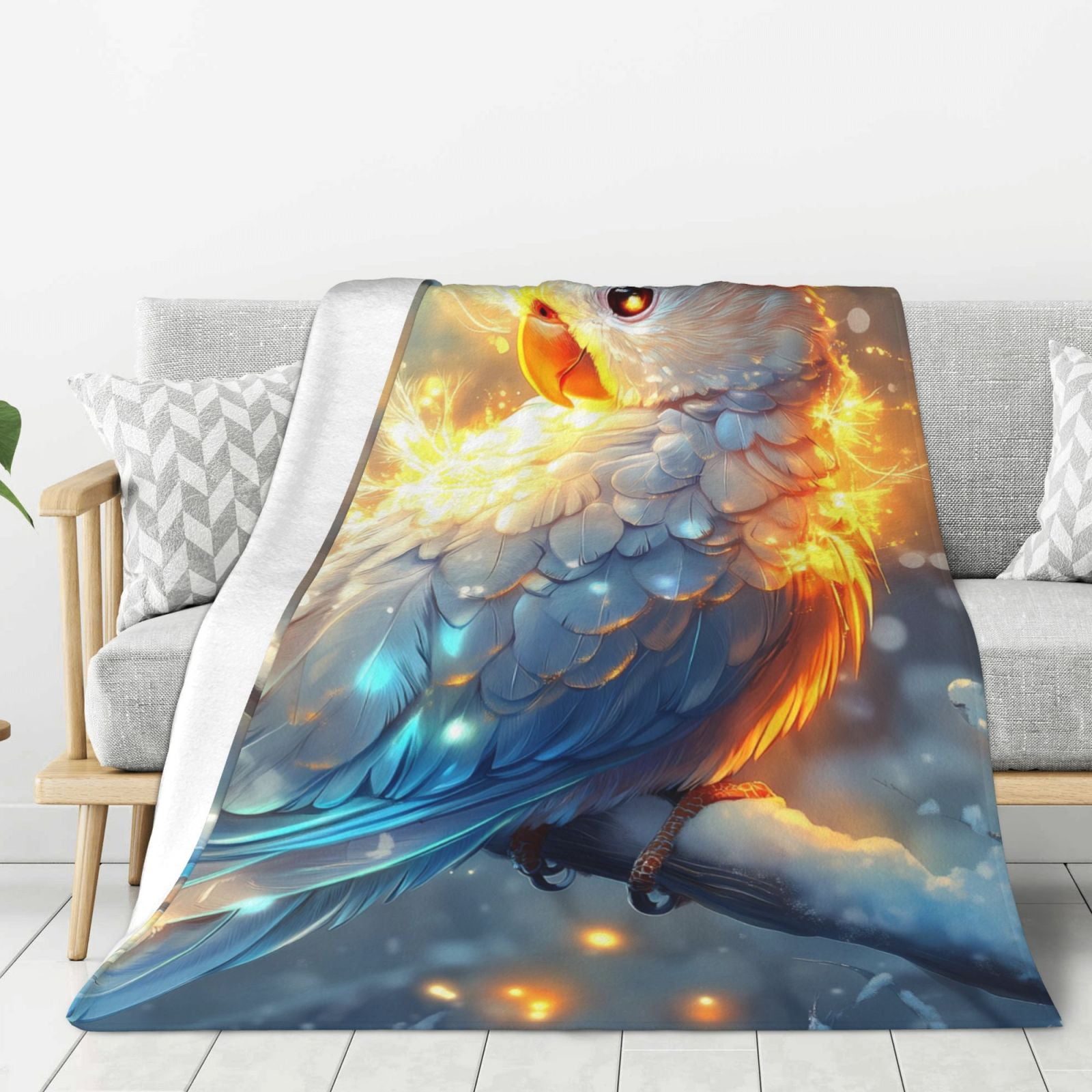 Throw Blanket for Couch Sofa and Bed, Winter Snow Tree White Parrot