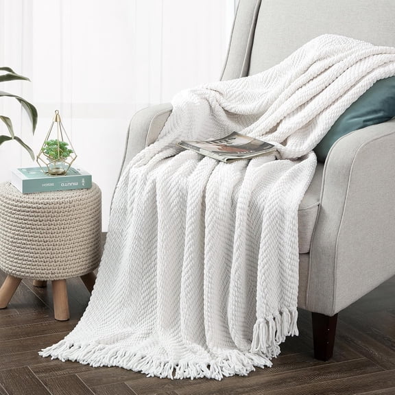 Throw Blanket for Couch Soft Knitted Textured Couch Cover Cream Tweed Blanket with Fringe Tassel for Home Dcor Bed Sofa Chair, 60" x 80", Antique White