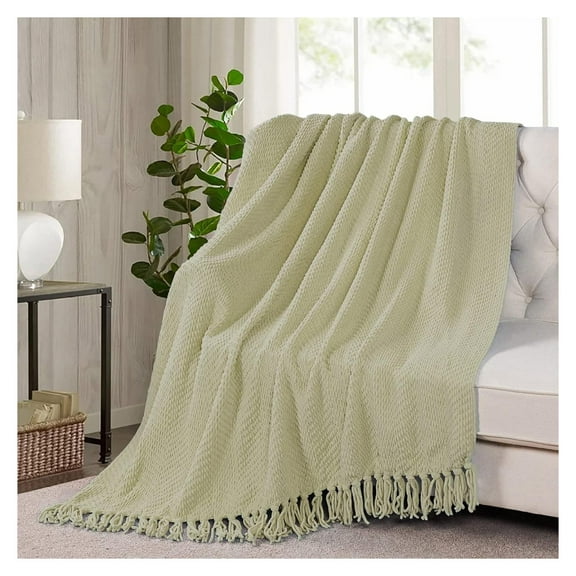 Throw Blanket for Couch Soft Knitted Textured Couch Cover Yellow Green Tweed Blanket with Fringe Tassel for Home Décor Bed Sofa Chair, 50" x 60", Chartreuse