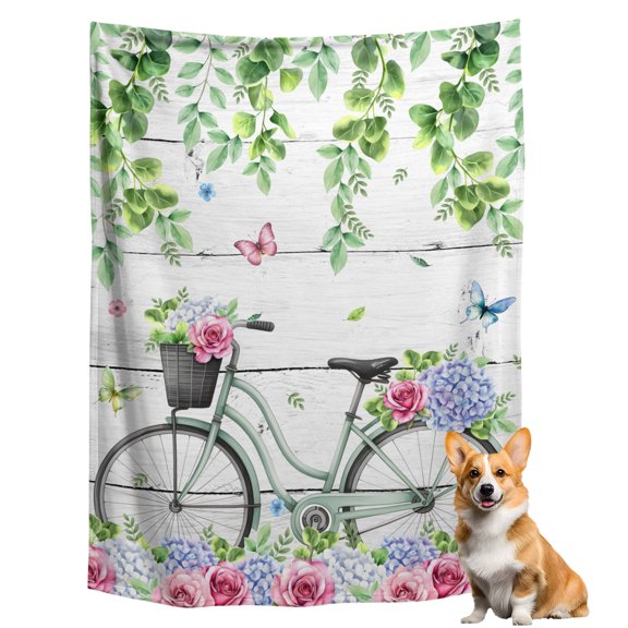 Throw Blanket for Couch, Spring Bike Roses on Wood Board Soft Fleece Blanket 40x50in, Cozy Warm Flannel Throw Blankets All Season Use, Jugal Leaves Butterflies Lightweight Blankets for Sofa Bed