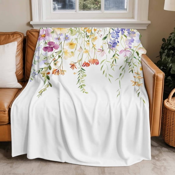 Throw Blanket for Couch Spring Flower Soft Fleece Flannel Blankets Cozy Lightweight Blanket for Home Sofa Living Room Green Leaf Watercolor Bed Throws 60" x 80"