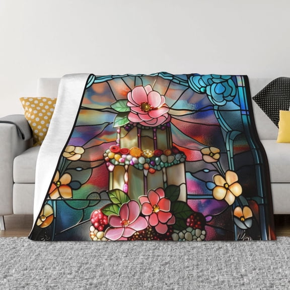 Throw Blanket for Couch - Stained Glass Floral Cake Soft Comfy Lightweight Cozy Warm Throw Blanket, Fuzzy Plush Flannel Blanket & Throws for Sofa and Bed All Season