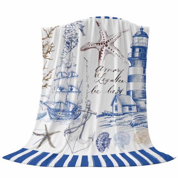 Throw Blanket for Couch, Starfish Nautical Anchor Shell Boat Soft Cozy Warm Flannel Blanket 40x60in, Lighthouse Vintage Blue Stripe Lightweight Fleece Throw Blankets for Sofa Bedroom Office