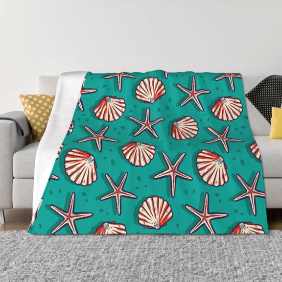 Throw Blanket for Couch - Starfish and Shell Soft Comfy Lightweight Cozy Warm Throw Blanket, Fuzzy Plush Flannel Blanket & Throws for Sofa and Bed All Season