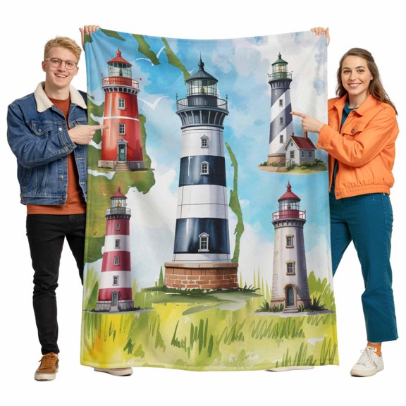 Throw Blanket for Couch, Summer Coastal Nautical Lighthouse Soft Cozy Warm Flannel Blanket 30x40in, Ocean Beach Theme Lightweight Fleece Throw Blankets for Sofa Bedroom Office All Season Use