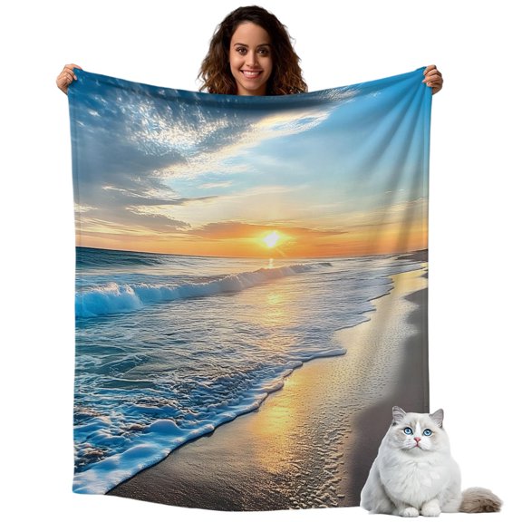 Throw Blanket for Couch, Summer Ocean Spray Sunset Soft Cozy Warm Flannel Blanket 40x60in, Seaside Beach Cloud Sky Lightweight Fleece Throw Blankets for Sofa Bedroom Office All Season Use