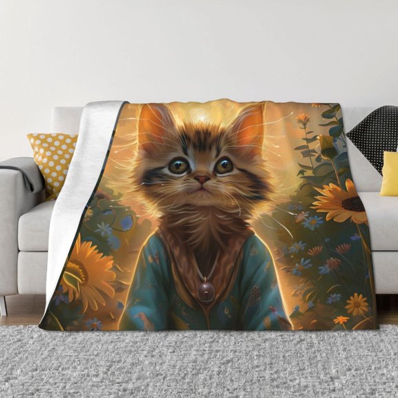 Throw Blanket for Couch - Sunflower Meditating Cat Soft Comfy Lightweight Cozy Warm Throw Blanket, Fuzzy Plush Flannel Blanket & Throws for Sofa and Bed All Season