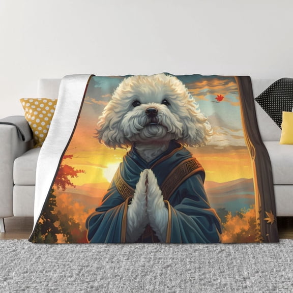 Throw Blanket for Couch - Sunset Meditating Bichon Frise Soft Comfy Lightweight Cozy Warm Throw Blanket, Fuzzy Plush Flannel Blanket & Throws for Sofa and Bed All Season