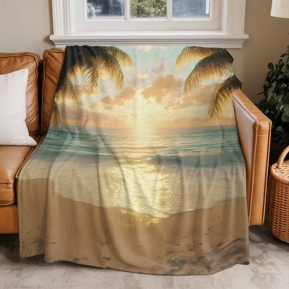 Throw Blanket for Couch Sunset Palm Trees Soft Fleece Flannel Blankets Cozy Lightweight Blanket for Home Sofa Living Room Sandy Beach Bed Throws 60" x 80"