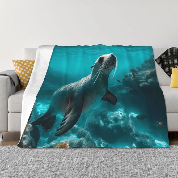 Throw Blanket for Couch - Sunshine Blue Ocean Seal Soft Comfy Lightweight Cozy Warm Throw Blanket, Fuzzy Plush Flannel Blanket & Throws for Sofa and Bed All Season