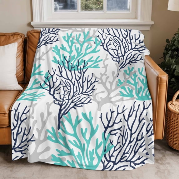 Throw Blanket for Couch Teal Grey Coral Soft Fleece Flannel Blankets Cozy Lightweight Blanket for Home Sofa Living Room Ocean Marine Life Bed Throws 40" x 60"