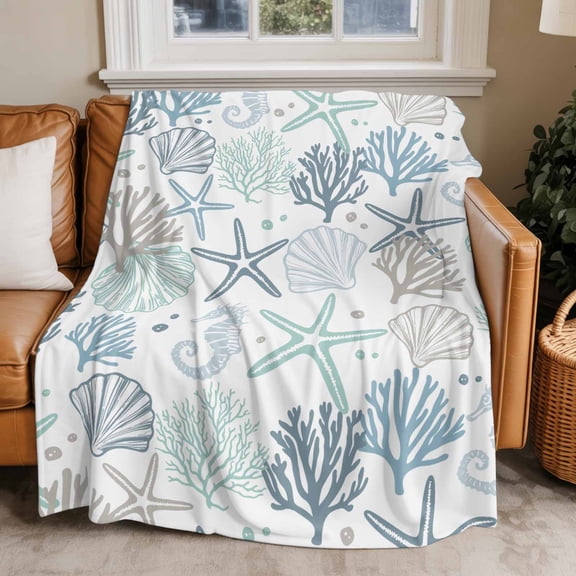 Throw Blanket for Couch Teal Starfish Soft Fleece Flannel Blankets Cozy Lightweight Blanket for Home Sofa Living Room Shell Coral Marine Life Bed Throws 60" x 80"