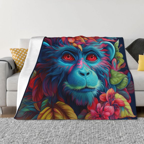 Throw Blanket for Couch - Tribal Style Flower Blue Monkey Soft Comfy Lightweight Cozy Warm Throw Blanket, Fuzzy Plush Flannel Blanket & Throws for Sofa and Bed All Season