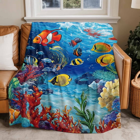 Throw Blanket for Couch Underwater World Soft Fleece Flannel Blankets Cozy Lightweight Blanket for Home Sofa Living Room Ocean Fish Coral Bed Throws 60" x 80"