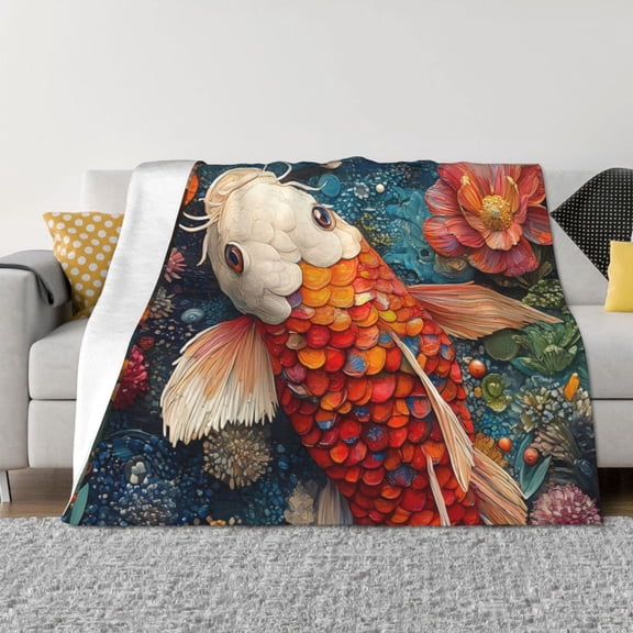 Throw Blanket for Couch - Vibrant Koi and Flowers Soft Comfy Lightweight Cozy Warm Throw Blanket, Fuzzy Plush Flannel Blanket & Throws for Sofa and Bed All Season