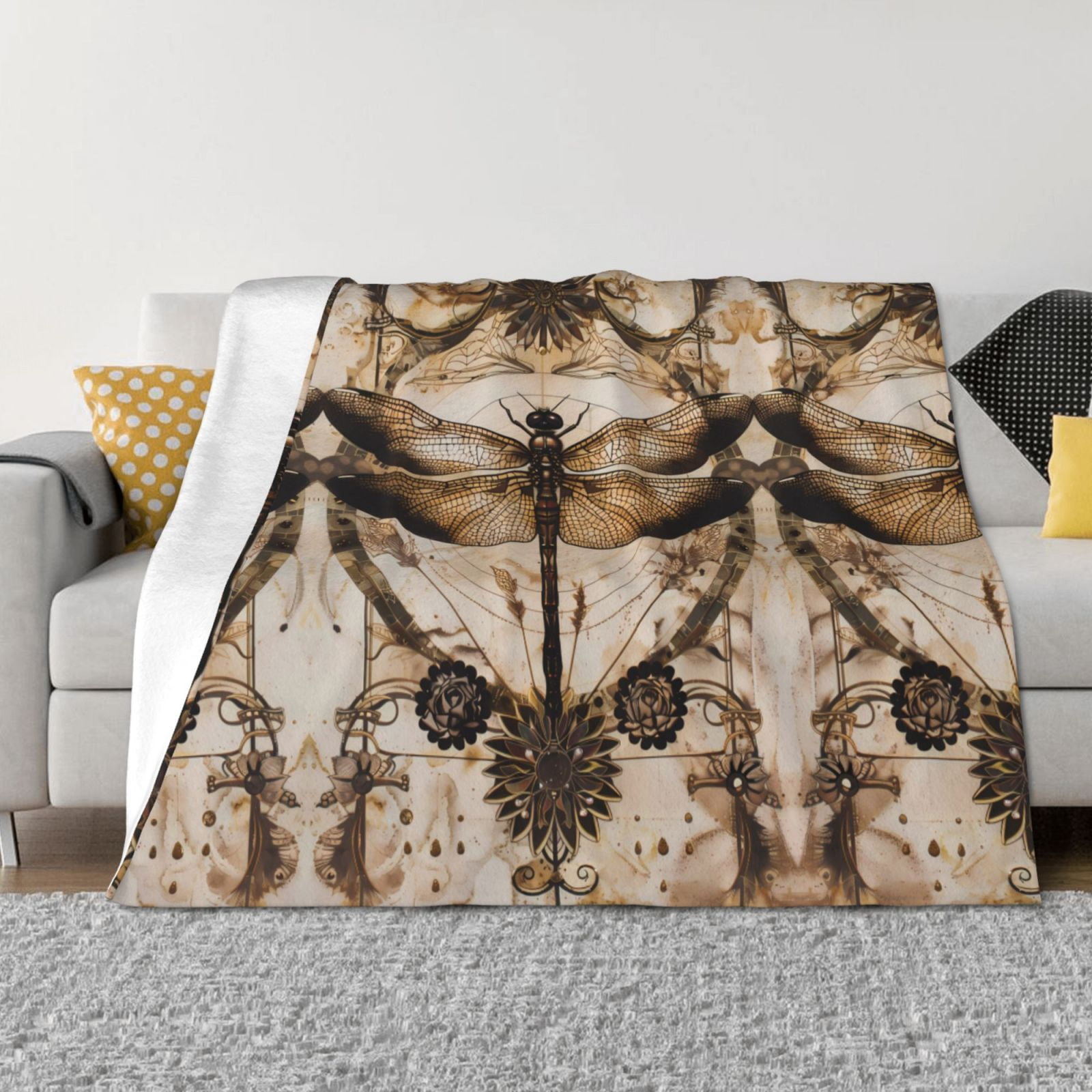 Throw Blanket for Couch, Vintage Dragonfly Artwork Fuzzy Comfy Warm