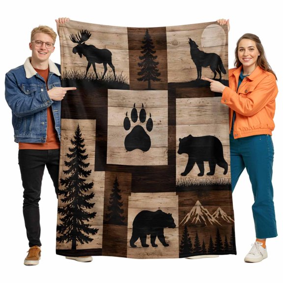 Throw Blanket for Couch, Vintage Folk Art Patchwork Soft Cozy Warm Flannel Blanket 30x40in, Forest Brown Bear Elk Lightweight Fleece Throw Blankets for Sofa Bedroom Office All Season Use