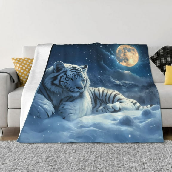 Throw Blanket for Couch - White Tiger Under Full Moon A Soft Comfy Lightweight Cozy Warm Throw Blanket, Fuzzy Plush Flannel Blanket & Throws for Sofa and Bed All Season