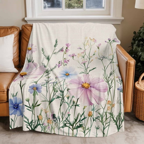 Throw Blanket for Couch Wildflowers Soft Fleece Flannel Blankets Cozy Lightweight Blanket for Home Sofa Living Room Pink Blue Flower Bed Throws 30" x 40"