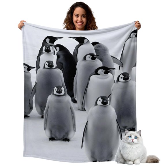 Throw Blanket for Couch, Winter Penguins Soft Cozy Warm Flannel Blanket 30x40in, Antarctic White Black Art Lightweight Fleece Throw Blankets for Sofa Bedroom Office All Season Use
