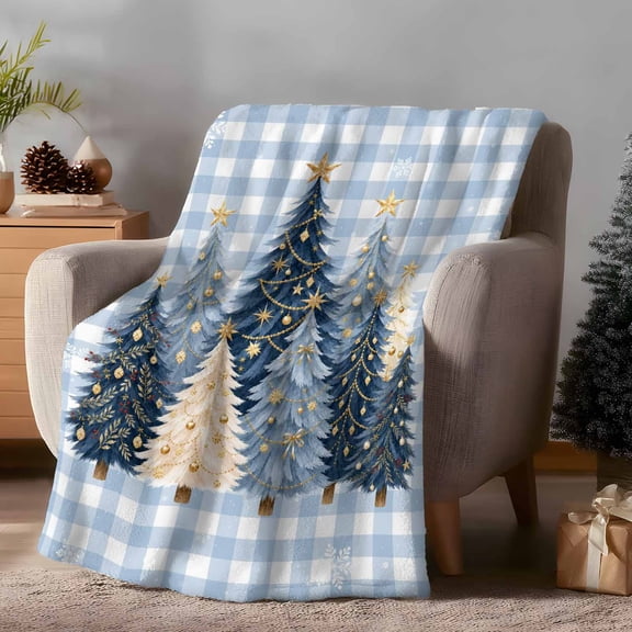 Throw Blanket for Couch, Winter Snowflake Christmas Tree Soft Fleece Blanket 40x50in, Cozy Warm Flannel Throw Blankets All Season Use, Xmas Blue White Buffalo Plaid Lightweight Blankets for Sofa Bed