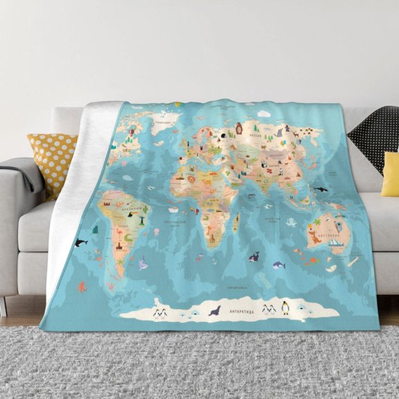 Throw Blanket for Couch - World Map With Animals 1 Soft Comfy Lightweight Cozy Warm Throw Blanket, Fuzzy Plush Flannel Blanket & Throws for Sofa and Bed All Season