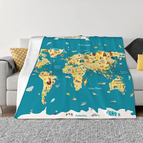 Throw Blanket for Couch - World Map With Landmarks Soft Comfy Lightweight Cozy Warm Throw Blanket, Fuzzy Plush Flannel Blanket & Throws for Sofa and Bed All Season