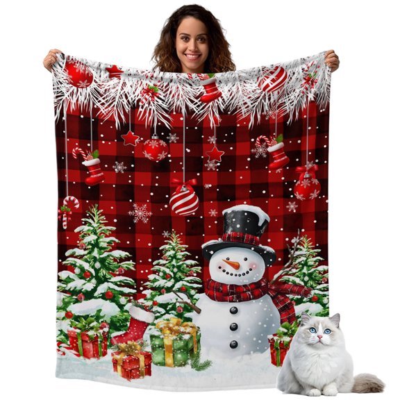 Throw Blanket for Couch, Xmas Tree Snowman Ball Socks Soft Cozy Warm Flannel Blanket 40x60in, Fir Leaves Snow Retro Plaid Lightweight Fleece Throw Blankets for Sofa Bedroom Office All Season Use